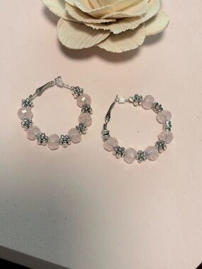Pink Beaded Floral Hoop Earrings
